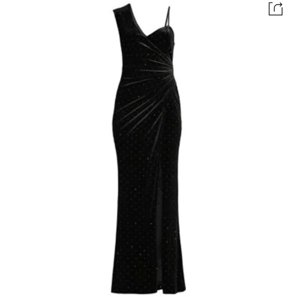 NEW BCBGMAXAZRIA SIZE XL VELVET STRETCH STUDDED ASYMMETRICAL STRAP SLIT DRESS - Picture 4 of 4